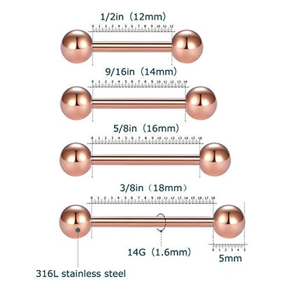 VCMART Nipple Rings Tongue Rings Stainless Steel 14G Straight Barbells Piercing Jewelry 12mm,14mm,16mm,18mm - color: 3 -rose gold