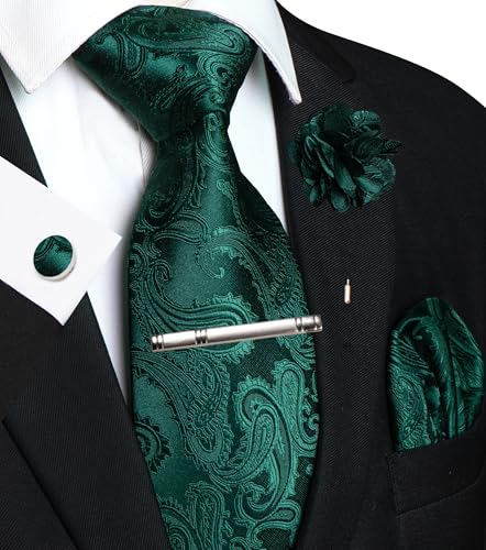 JEMYGINS Mens Paisley Tie and Pocket Square,Lapel Pin,Cufflinks,Tie Clip Sets with Gift Box 5PCS - color: Emerald Green