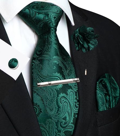 JEMYGINS Mens Paisley Tie and Pocket Square,Lapel Pin,Cufflinks,Tie Clip Sets with Gift Box 5PCS - color: Emerald Green
