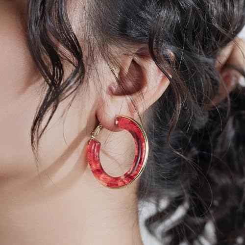 Chunky Gold Resin Hoop Earrings Leverback Statement Huggie Hoops Dangle Drop Dressy Earring Prom Festival Vacation Jewelry for Women - color: Burgundy, size: Hoop
