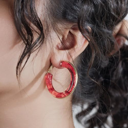 Chunky Gold Resin Hoop Earrings Leverback Statement Huggie Hoops Dangle Drop Dressy Earring Prom Festival Vacation Jewelry for Women - color: Burgundy, size: Hoop