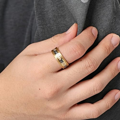 Mens Tungsten Carbide Wedding Bands 8mm Black Hammered Edge Gold Foil Inly Durable Scratch Proof Stainless Steel Cool Promise Ring for Him Comfort Fit - color: Gold-8mm