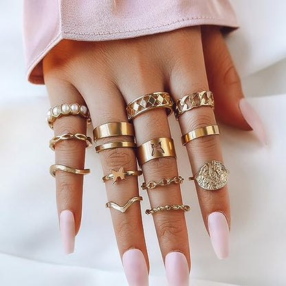 Todenb Gold Knuckle Rings Set for Women,Vintage Stackable Dainty Joint Finger Gold Jewelry Set,Butterfly pearl coin wave moon Stacking Rings Set Dainty Joint Finger Rings Midi Pinky Rings Pack