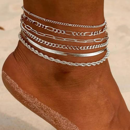 Layered Multi Chain Ankle Bracelet for Women Adjustable 8.27+1.97 Inch Foot Chain with Paperclip Rope Figaro Herringbone Cuban Links - color: Silver
