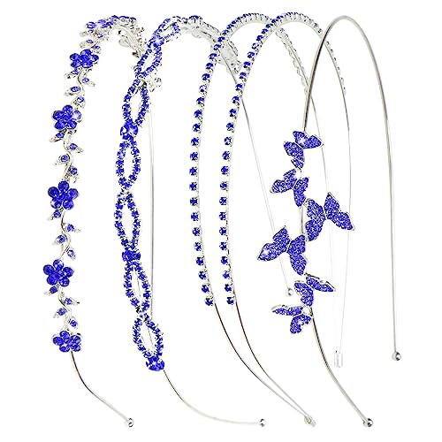 Wecoe Royal Blue Rhinestone Headband Flower Girl Wedding Headpiece Crystal Metal Headbands for Women Fashion Hairband Gifts 4 Pack - color: Silver band & royal blue rhinestones