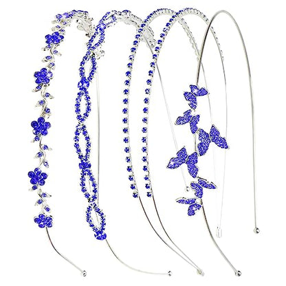 Wecoe Royal Blue Rhinestone Headband Flower Girl Wedding Headpiece Crystal Metal Headbands for Women Fashion Hairband Gifts 4 Pack - color: Silver band & royal blue rhinestones