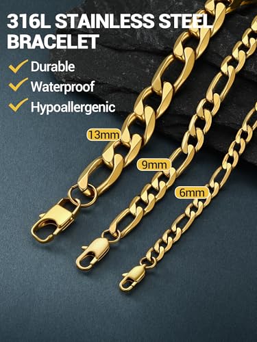 PROSTEEL Bracelets for Men, Figaro/Cuban Mens Bracelet, Silver/Gold/Black | 6/9/13mm Width, 7.5/8.3/9" Length, Stainless Steel Mens Bracelet, Durable & Non Tarnish, Chunky Jewelry with Gift Box - style: C 13mm-Figaro-Gold