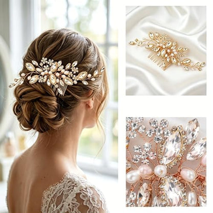 10 Pcs Gold Bridal Hair Pins Crystal Pearl Wedding Hair Combs, Rhinestone Hair Clips for Brides, Bridesmaids, Prom