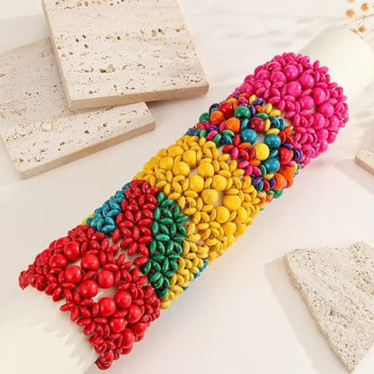 Zian Bohemian Wooden Beaded Bracelets for Women Handmade Colorful Wide Chunky Elastic Stretch Bracelets Boho Wristband Summer Beach Jewelry - color: Orange