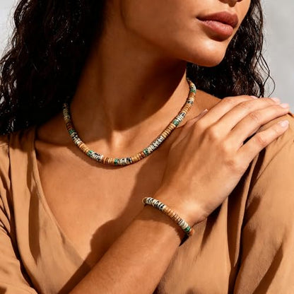 Beaded Necklaces for Women 3Pcs Colorful Boho Gemstone Bead Choker Summer Natural Stone Surfer Beach Bead Necklace Bracelets Earring Set Handmade Jewelry for Women Gift Jewelry Sets - color: 01-brown