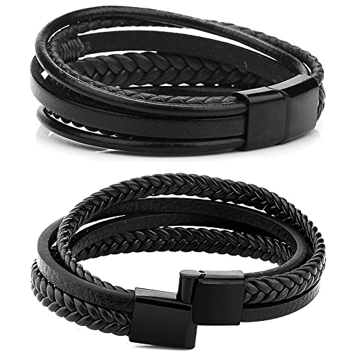 RIOSO 6 Pieces Mens Leather Bracelet Stainless Steel Multi-layer Braided Black Leather Bracelets for Men