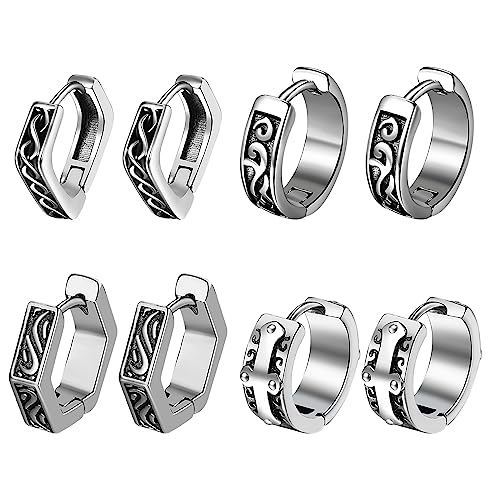 Aroncent 2-8Pcs Womens Mens Huggie Hoop Triangle Earrings Viking Runes Stainless Steel Ear Stud Novelty Black/Gold/Silver - color: D-Sliver Viking Earrings-4PCS