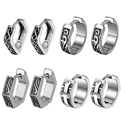 Aroncent 2-8Pcs Womens Mens Huggie Hoop Triangle Earrings Viking Runes Stainless Steel Ear Stud Novelty Black/Gold/Silver - color: D-Sliver Viking Earrings-4PCS