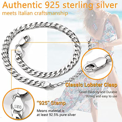 PROSILVER 925 Sterling Silver Ankle Bracelets For Women, Stylish Chain Anklets, Summer Beach Jewelry, 8.6-10.6 Inch Adjustable, Come with Box - style: 02 Cuban Anklet-5mm