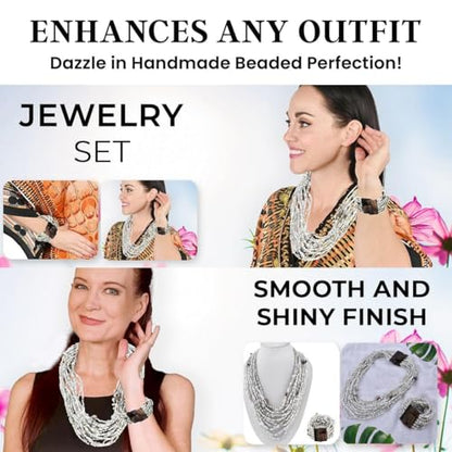 Shop LC Seed Bead Necklace Bracelet Set Boho Jewelry for Women | Multi Layered Boho, Wooden Clasp, 18 Inch Necklace, Stretchable Bracelet - color: White