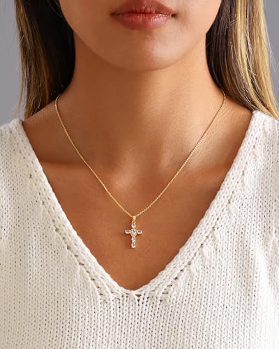 Cross Necklace for Women, 14K Gold Plated Cubic Zirconia Cross Pendant Necklace, Trendy Christian Jewelry Gifts for Baptism First Communion Christmas - color: Style B - Gold