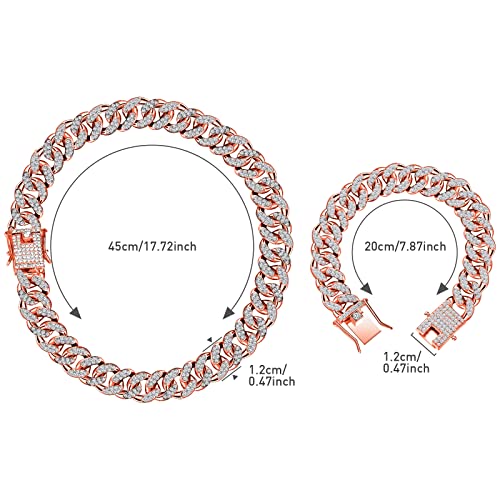 Hicarer 2 Pieces Cuban Link Chain for Men Women Cuban Necklace Bracelet Heavy Strong Link Chain Bling Unisex - color: Rose Gold, size: 17.72 Inch, 7.87 Inch
