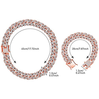 Hicarer 2 Pieces Cuban Link Chain for Men Women Cuban Necklace Bracelet Heavy Strong Link Chain Bling Unisex - color: Rose Gold, size: 17.72 Inch, 7.87 Inch