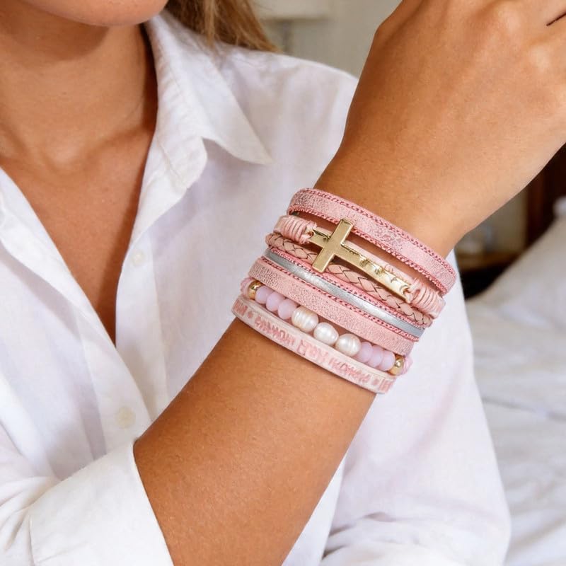 Purple Cross Leather Wrap Bracelet for Women Boho Handmade Multi Layer Cuff Crystal Beads Stackable Western Style Jewelry Gift - color: Pink Cross Leather Wrap Bracelet