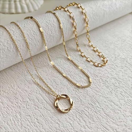 Airmb Gold Layered Necklaces for Women 14k Gold Plated Dainty Stackable Choker Necklaces for Women Trendy Layering Chain Cute Pendant Necklace Set Gold Jewelry for Women - color: 3PCS-Circle-Gold