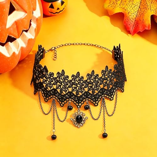 coadipress Gothic Lace Choker Necklace for Women Crystal Royal Court Vampire Choker Gothic Necklace Retro Handmade Halloween Gifts