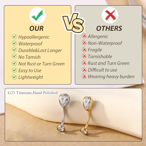 GAGABODY G23 Titanium Eyebrow Rings 16G Curved Barbell Lip Ring Rook Earrings for Women Belly Ring Vertical Labret Jewelry Tragus Helix Daith Earring Belly Piercing - color: 1Pc-Waterdrop Shape Gold+Clear CZ