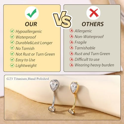 GAGABODY G23 Titanium Eyebrow Rings 16G Curved Barbell Lip Ring Rook Earrings for Women Belly Ring Vertical Labret Jewelry Tragus Helix Daith Earring Belly Piercing - color: 1Pc-Waterdrop Shape Gold+Clear CZ