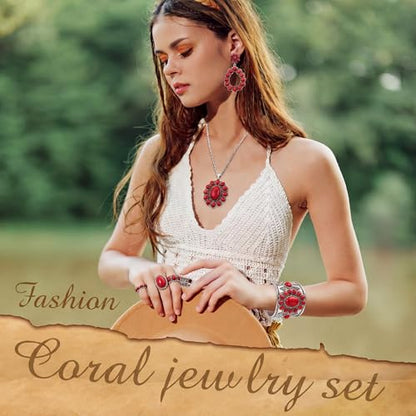 Ecally Bohemian Western Jewelry Turquoise Set Women Country Pendant Long Choker Layered Bracelets Earrings Ring for Women - color: Red, style: Lovely