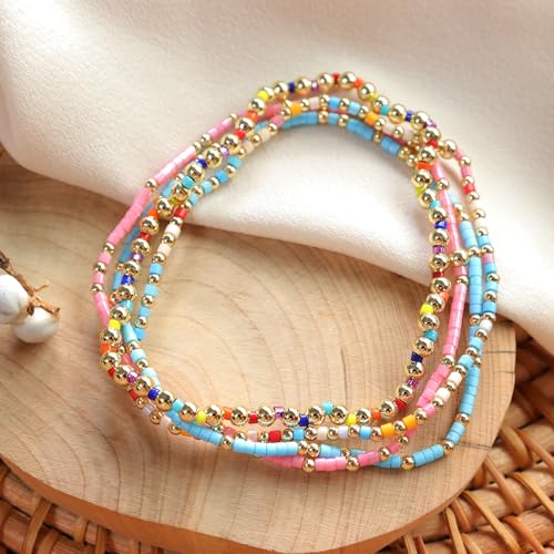 Colorful Seed Beaded Stack Bracelets Set for Women, 4Pcs Cute Dainty Boho Handmade Gold Beads Stackable Stretch Friendship Bracelet Prom Jewelry Gift.