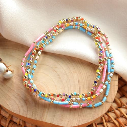 Colorful Seed Beaded Stack Bracelets Set for Women, 4Pcs Cute Dainty Boho Handmade Gold Beads Stackable Stretch Friendship Bracelet Prom Jewelry Gift.