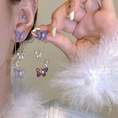 Purple Butterfly Tassel Earrings for Women Crystal Rhinestone Drop Earrings Animal Drop Dangle Charm Earrings - color: B-Purple