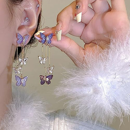 Purple Butterfly Tassel Earrings for Women Crystal Rhinestone Drop Earrings Animal Drop Dangle Charm Earrings - color: B-Purple
