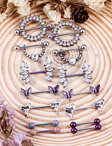 Cisyozi Butterfly Nipple Rings 14G Nipple Piercing Jewelry Stainless Steel Nipple Tongue Ring Barbell Piercing Jewelry for Women 14mm Silver Black Purple Rose Gold 7Pairs - color: 14G(1.6mm) Purple Set