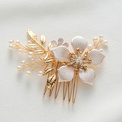 SWEETV Gold Bridal Hair Clip,Floral Bridal Hair Comb Barrette Flower Hair pieces for Brides Wedding - color: Gold-C
