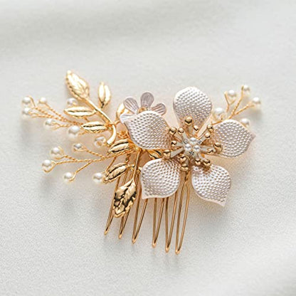 SWEETV Gold Bridal Hair Clip,Floral Bridal Hair Comb Barrette Flower Hair pieces for Brides Wedding - color: Gold-C