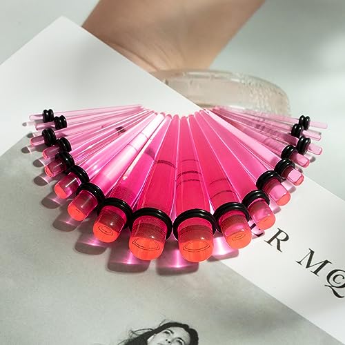 50-Piece Ear Gauges Stretching Kit, 14G-00G | Acrylic tapers and plugs with soft silicone tunnels, body piercing jewelry for women and men - color: Pink