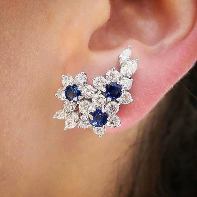 Exquisite Flower Blue Synthetic Gemstone Climber Stud Earrings for Women Wedding Party Earrings Jewelry - color: Silver