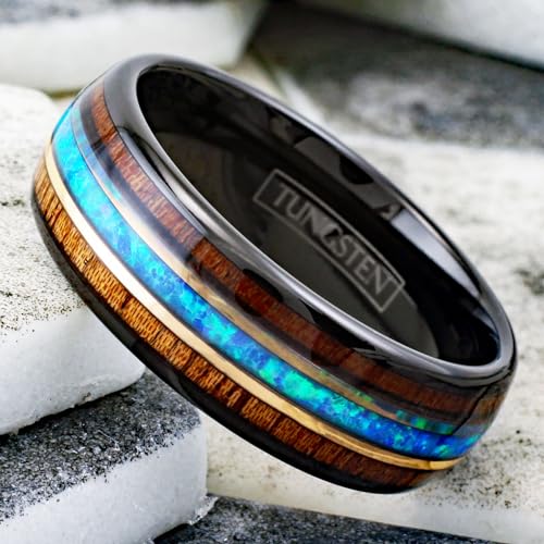 Cool Modern Classic 8mm Polished Black Tungsten Carbide Low Dome Band Ring with Dazzling Man-Made Hawaii Blue Opal Between Koa Wood Inlays.