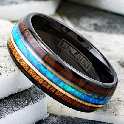 Cool Modern Classic 8mm Polished Black Tungsten Carbide Low Dome Band Ring with Dazzling Man-Made Hawaii Blue Opal Between Koa Wood Inlays.