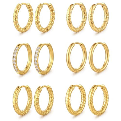 Small Hoop Earrings for Women, Stainless Steel Huggie Hoop earrings, 18G | 2/4/6 Pairs, 6mm/8mm/12mm Small Hoop Earrings, Lobe Helix Conch Tragus Daith Rook Cartilage Piercing Jewelry,Gold Silver - color: Golden-6 pairs Hoop Earrings-12mm