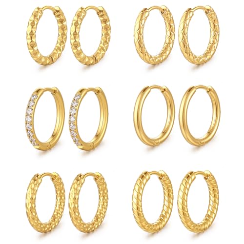 Small Hoop Earrings for Women, Stainless Steel Huggie Hoop earrings, 18G | 2/4/6 Pairs, 6mm/8mm/12mm Small Hoop Earrings, Lobe Helix Conch Tragus Daith Rook Cartilage Piercing Jewelry,Gold Silver - color: Golden-6 pairs Hoop Earrings-12mm