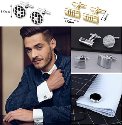 FIRAZIO 12 Pairs Cufflinks for Men Classic Tone Cuff Links Silver Black | Striped Disc Square Rectangle Cuff Links Shirt Suit Men’s Cufflinks For Wedding Groom Business Elegant Gift