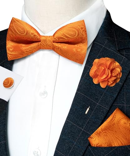 JEMYGINS Mens Paisley Bow Tie and Lapel Pin Necktie Pocket Square and Tie Clip with Sets for Business Casual 4PCS - color: Orange