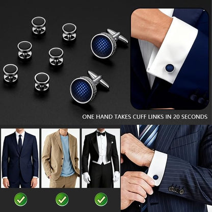 Cuff Links Mens Blue, Cuff Links Mens and Tuxedo Studs Set, Cufflinks for Men Gold Gift Box, Men's Jewelry or Accessories Cufflinks for Suit Shirt Bussiness Wedding Anniversary (Silver)
