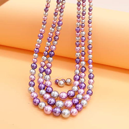 Chunky Layered Imitation Pearl Necklace for Women 3 strand Pearl Necklaces Faux Pearl Necklace Earrings Set 1920s Flapper Gatsby Costume Accessories - color: 3 strand pearl necklace purple grey