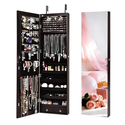 NAFORT 2 LEDs Mirror Jewelry Cabinet, 47.5-Inch Tall Wall or Door Mounted Jewelry Organizers and Storage with Frameless Full-length Mirror, Lockable Jewelry Armoire with 2 Drawers, Espresso - color: Espresso
