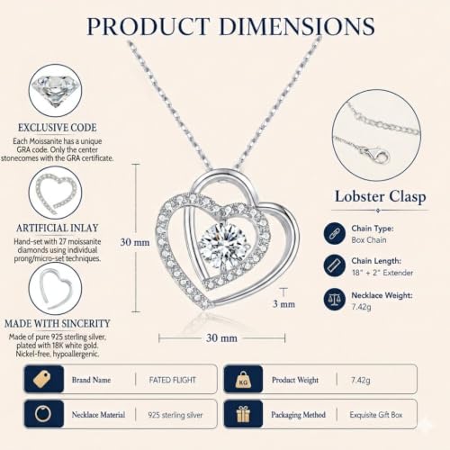 Double Heart Pendant Necklace (Women's Style), 2-Carat Moissanite Heart-Shaped Necklace, 18K white gold plating moissanite pendant Anniversary Birthday Gifts for Women, Jewelry Gift for Her Wife Girlfriend - size: 2-Carat white gold