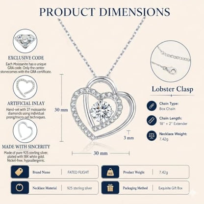 Double Heart Pendant Necklace (Women's Style), 2-Carat Moissanite Heart-Shaped Necklace, 18K white gold plating moissanite pendant Anniversary Birthday Gifts for Women, Jewelry Gift for Her Wife Girlfriend - size: 2-Carat white gold