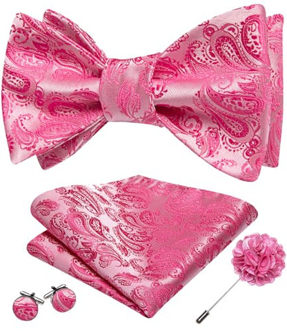 YOHOWA Bow Ties for Men Self-tied Silk Bowtie Solid Color with Lapel Pin and Handkerchief Cufflinks for Wedding Party Prom - color: Hot Pink Paisley