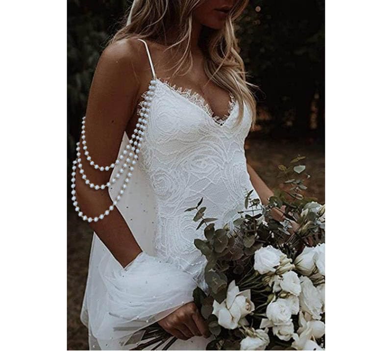Pearl Arm Chain Wedding bridal Shoulder Jewelry Layered Prom Party Body Jewelry for Slide Dress Costume Accessory - color: Pearl Arm Chain A-2Pcs